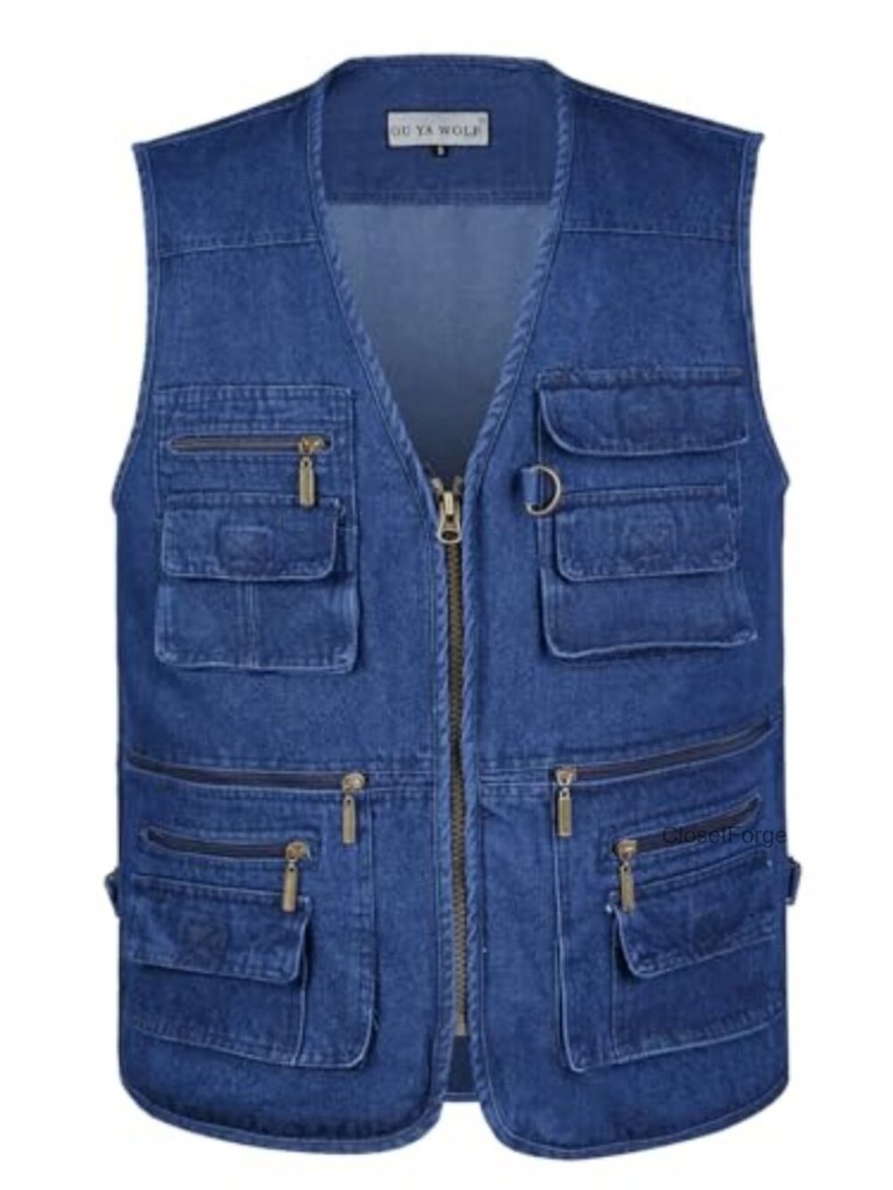 Men's Multi-Pockets Denim Vest Zip Closure Sleeveless Utility Vest 16 Pockets